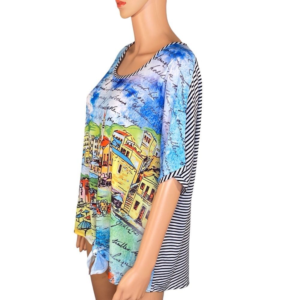Chico's Coastal Grandma Blouse European Vacation Print Tie Front Women SZ Large - Picture 2 of 6